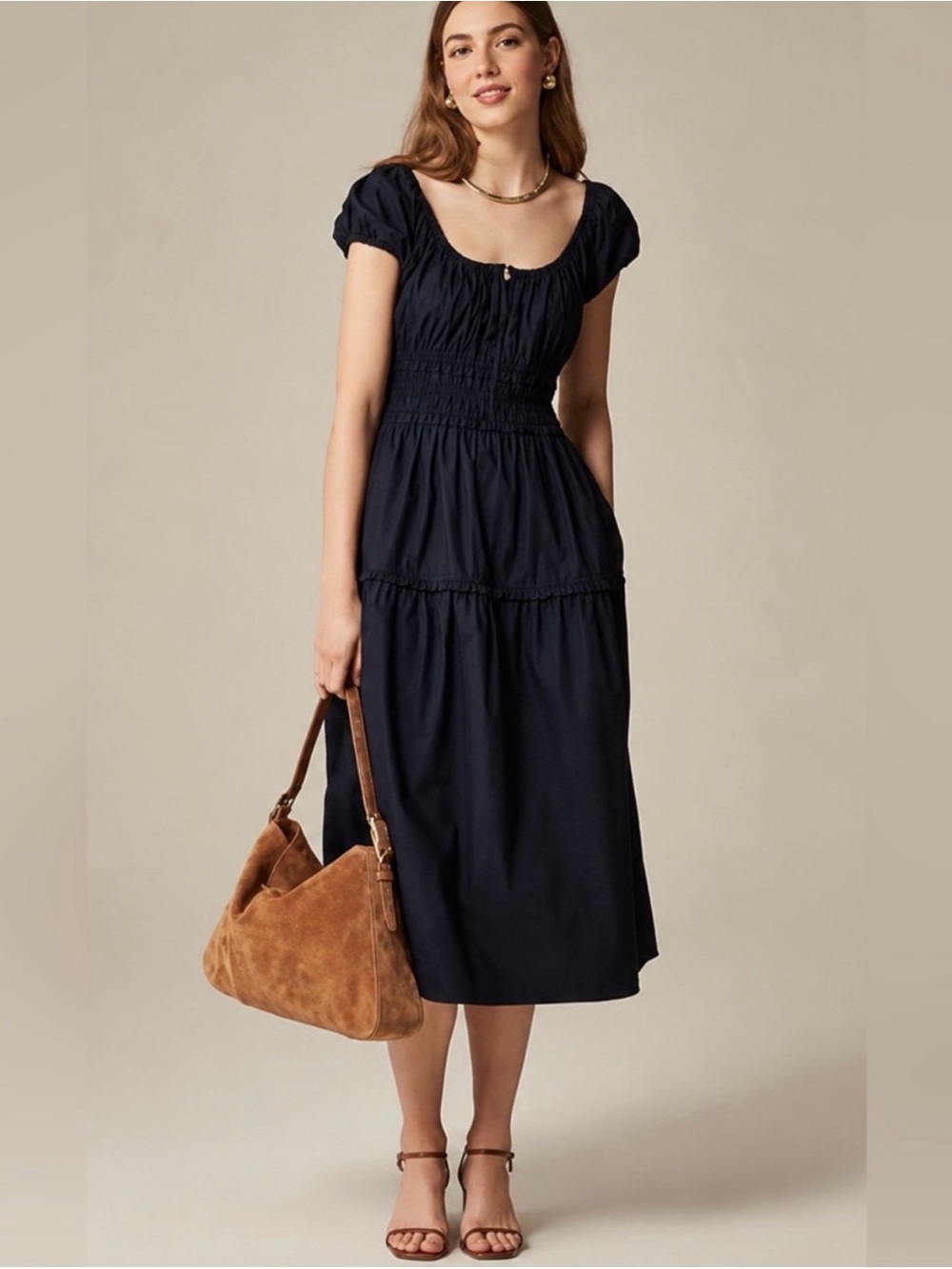 J. Crew Tiered Midi dress Cotton Poplin navy blue large